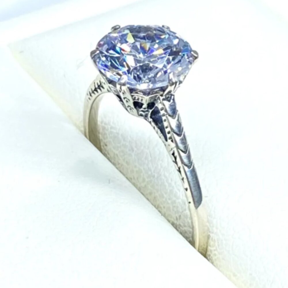 2ct White Topaz CZ, Sterling Silver Edwardian, Etched Filigree Ring - Size 8